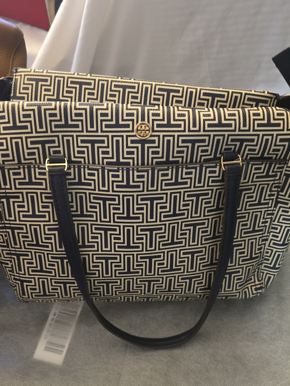 Designer-Style Navy and Cream Geometric Tote Bag